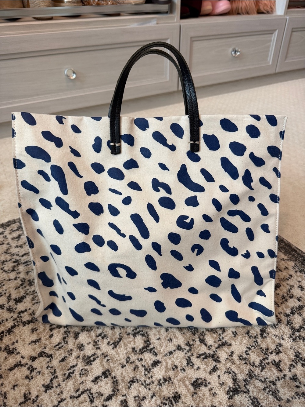 Canvas Leopard-Print Tote Bag with Black Handles